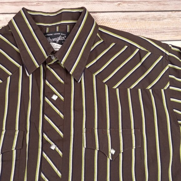 Wrangler Other - Wrangler XL Diamond Pearl Snap Long Sleeve Striped Western Shirt Brown Green